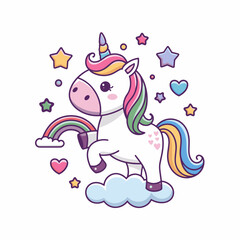 Cute Unicorn with Rainbow Mane in Cartoon Style