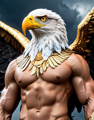 Fantasy depiction of a powerful eagle warrior adorned with intricate armor, showcasing a muscular physique against a dramatic sky backdrop. Perfect for concept art and fantasy themes.