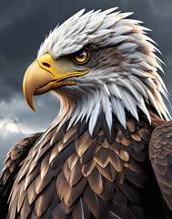 Fantasy depiction of a powerful eagle warrior adorned with intricate armor, showcasing a muscular physique against a dramatic sky backdrop. Perfect for concept art and fantasy themes.