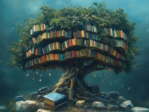 This image portrays a magical tree with branches growing books, symbolizing knowledge and growth, rooted firmly in a mystical landscape of wisdom and discovery.