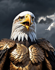 Fantasy depiction of a powerful eagle warrior adorned with intricate armor, showcasing a muscular physique against a dramatic sky backdrop. Perfect for concept art and fantasy themes.