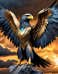 Fantasy depiction of a powerful eagle warrior adorned with intricate armor, showcasing a muscular physique against a dramatic sky backdrop. Perfect for concept art and fantasy themes.