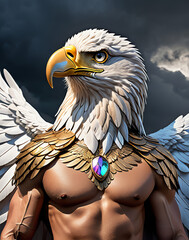 Fantasy depiction of a powerful eagle warrior adorned with intricate armor, showcasing a muscular physique against a dramatic sky backdrop. Perfect for concept art and fantasy themes.