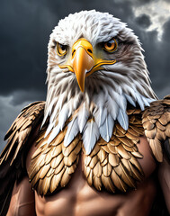 Fantasy depiction of a powerful eagle warrior adorned with intricate armor, showcasing a muscular physique against a dramatic sky backdrop. Perfect for concept art and fantasy themes.