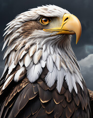Fantasy depiction of a powerful eagle warrior adorned with intricate armor, showcasing a muscular physique against a dramatic sky backdrop. Perfect for concept art and fantasy themes.