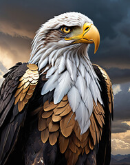 Fantasy depiction of a powerful eagle warrior adorned with intricate armor, showcasing a muscular physique against a dramatic sky backdrop. Perfect for concept art and fantasy themes.