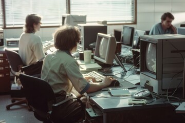 Obraz premium People working on retro computers in a vintage office, invoking a sense of nostalgia and the early days of computer technology.