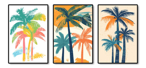 Obraz premium Tropical Palm Tree Trio - Vibrant and Minimalist Colorful Art Prints