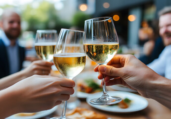 Group of People Raising Their Glasses in a Toast | Celebration and Social Gathering with Cheers
