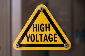Yellow triangular warning sign with black border and text High Voltage