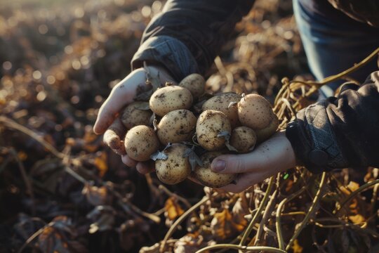 Hands cradling a big bunch of freshly harvested potatoes amid a rich, earthy farming field.