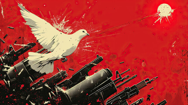 Watercolor illustration of flying dove on red abstract background surrounded by guns and destruction, International day of Non Violence. 2 October Non violence day conceptual banner