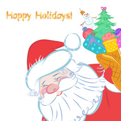 Vector festive illustration postcard - Santa Claus looking out from the edge of the picture, holding a stylized ice cream from New Year's attributes in a waffle cone, the inscription Happy Holidays. 