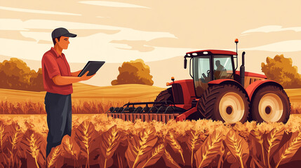 A 2D illustrated simple pop art style scene of an agricultural field with a farmer using a tablet...