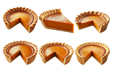 Pumpkin pie slices in various stages isolated on transparent background