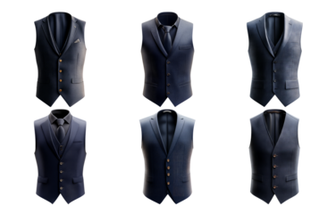 Collection of men's formal vests in different designs isolated on transparent background