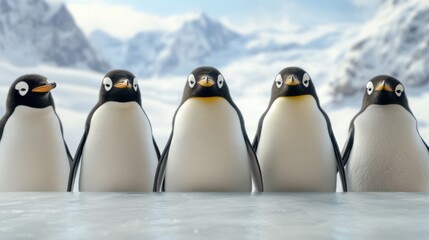 Obraz premium A group of penguins standing in front of a snowy mountain, AI