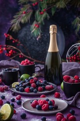 A champagne bottle surrounded by fresh blueberries, black mugs, white plates filled with limes and raspberries on a purple table with christmas tree.