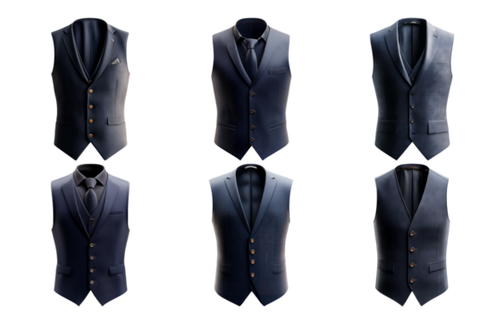 Collection of men's formal vests in different designs isolated on transparent background