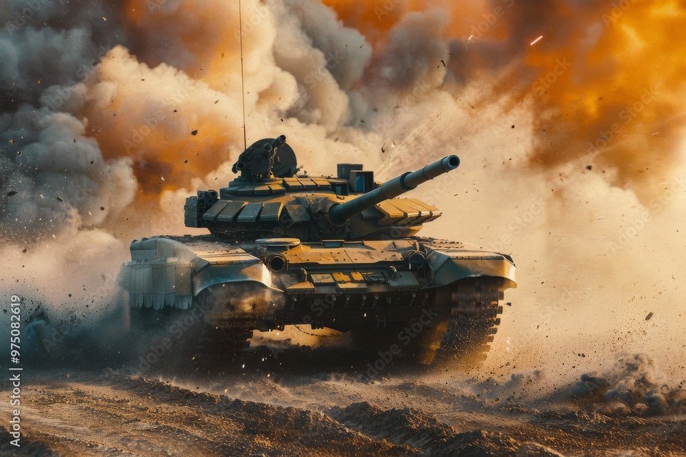 Wall mural A battle tank moves through a scene filled with smoke and explosions, evoking the intensity and destructive power of armored warfare.