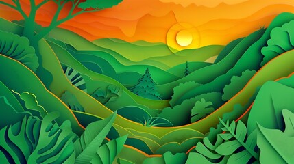 Obraz premium Paper cut landscape with lush green hills and a bright orange sunset