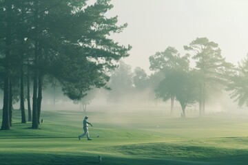 A lone golfer in mist-covered fairways, executing a serene swing, embodying focus and solitude amidst nature.