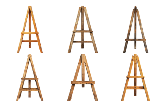 Wooden easels in various sizes arranged in neat rows isolated on transparent background