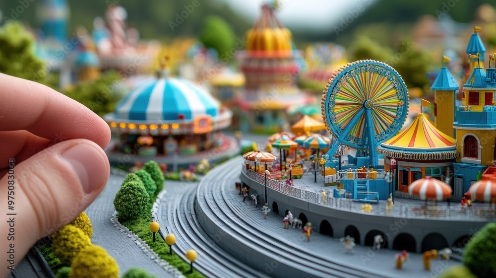 Poster A miniature model of a ferris wheel and amusement park, AI