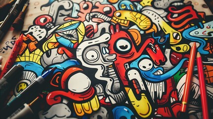 Fototapeta premium Colorful doodle art with markers and pencils. Creative abstract design, fun and whimsical illustration for kids.