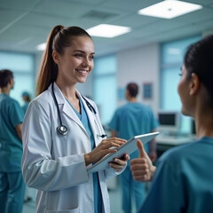 A cheerful female doctor in a white coat engages with a patient, discussing health on a tablet in a modern hospital. Perfect for healthcare marketing, medical articles, and patient care resources