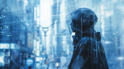 A man in a raincoat is standing on the street, behind him you can see buildings. monochrome, double exposure