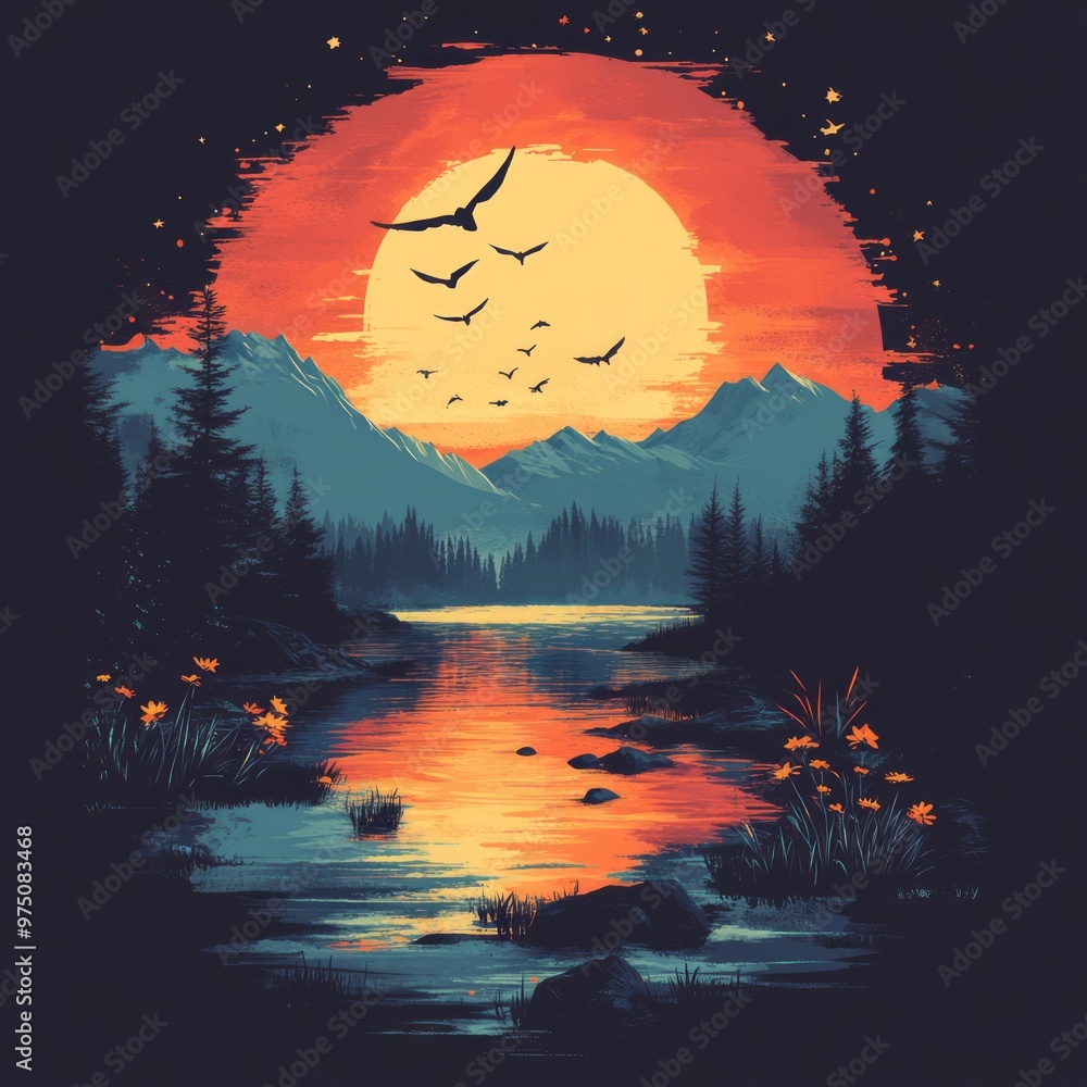 Wall mural Vibrant sunset over mountains and river with birds.