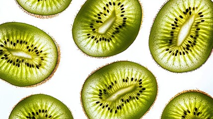 Fototapeta premium A Kiwi sliced in half sits atop a white countertop alongside another Kiwi, also cut in half, on a white countertop