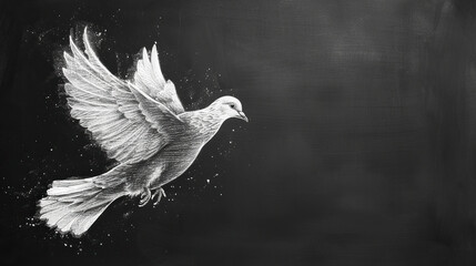 Fototapeta premium white chalk drawing illustration of flying dove on textured black board background, peace symbol, Bird of Peace and kindness