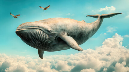 A whale is flying in the sky with birds around it, AI