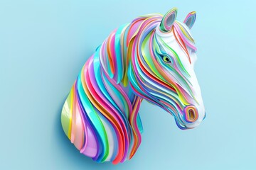 Colorful and surreal horse bust sculpture blending bright and pastel hues, set against a light blue backdrop, evoking imagination and modern artistry.