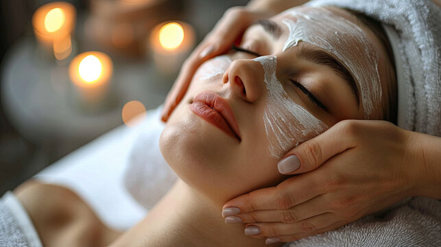 attractive girl having facial massage,  natural skin care spa facial massage in luxurious beauty salon, closed eye girl, business of salons and beauty spa 