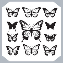 Butterfly silhouette icon, Silhouettes of butterflies. Black of funny butterflies. Insect butterfly black silhouette, Set of butterflies