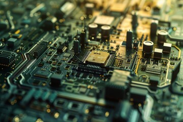 An artistic close-up of integrated circuit chips and electronic components, bathed in golden light, symbolizing technological advancement and intricacy.