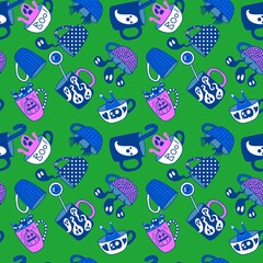 Halloween monsters seamless cups with ghost and skulls and candy pattern