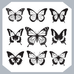 Butterfly silhouette icon, Silhouettes of butterflies. Black of funny butterflies. Insect butterfly black silhouette, Set of butterflies