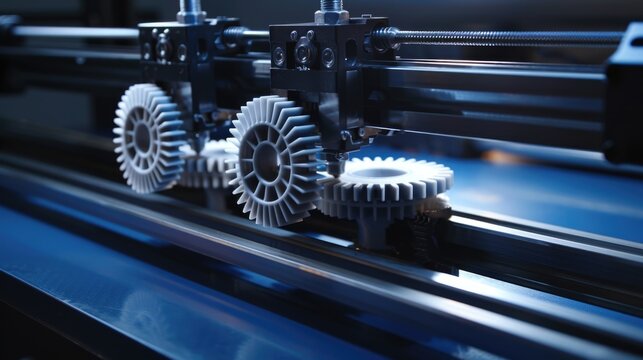 3D printer producing white helical gears on blue bed