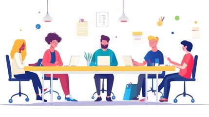 Fototapeta premium Diverse Group of People Collaborating at a Desk with Laptops and Papers