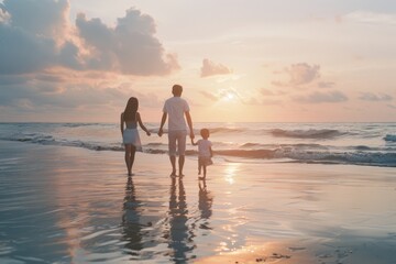 Fototapeta premium A family walks hand in hand along a serene beach at sunset, enveloped in the calming hues of the setting sun.