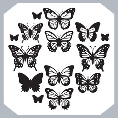 Butterfly silhouette icon, Silhouettes of butterflies. Black of funny butterflies. Insect butterfly black silhouette, Set of butterflies