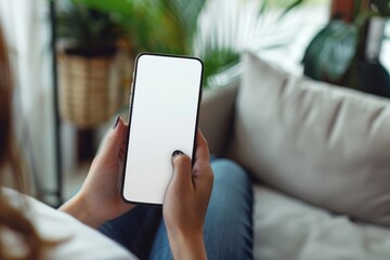 A person holding a blank smartphone screen, seated comfortably on a sofa with lush green plants in the background, indicating a relaxed and tech-savvy lifestyle.