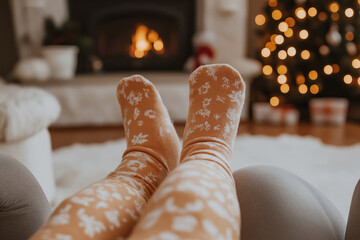 baby's feet in soft peach floral print socks, symbolizing warmth and comfort during the festive season