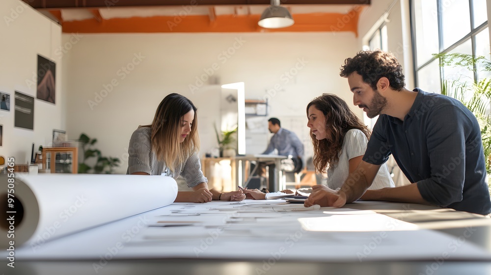 Poster three people collaborating on a project around a large table