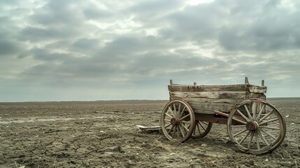 Obraz premium Old wooden cart standing alone on cracked dry earth in a barren field under a cloudy sky. Symbol of abandonment in a harsh landscape.