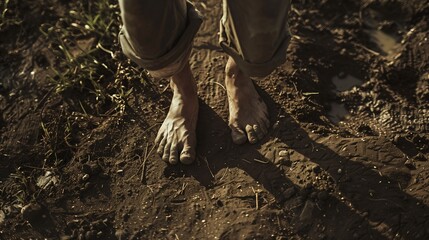 Bare feet standing on muddy ground, symbolizing rural life and hardship. Earthy tones and textures reflect tough living conditions.